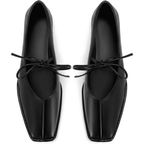 Women Black Faux Leather Square Toe Lace Up Ballerina Ballet Slip On Flats - Picture 5 of 6